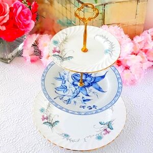 Handmade 3 Tier Cake Stand Unique Blue & White Floral Tiered Dessert Stand Tray